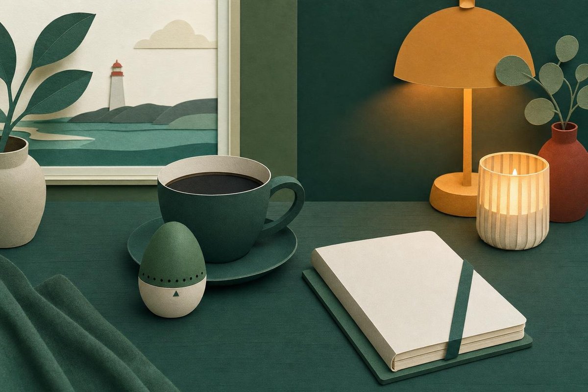 Æggeur ved siden af en kop kaffe og en notesbog på et træbord i levende lys
