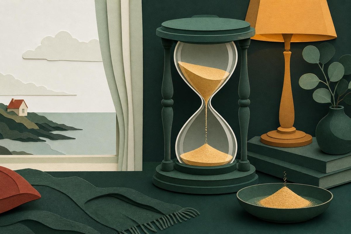 Timeglas, hvor sandet i bunden er lidt mindre end det, der forlod toppen