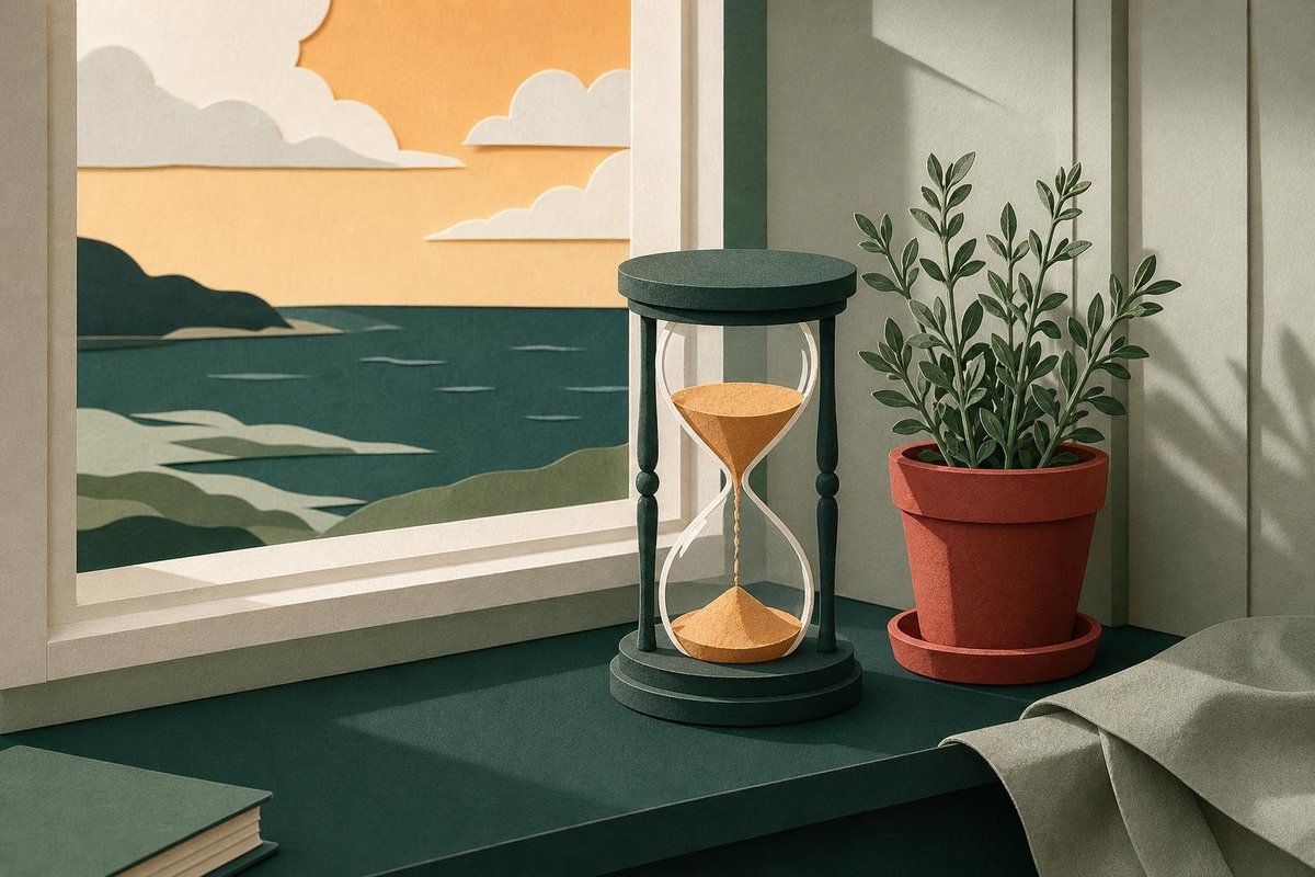 Timeglas i en vindueskarm med havet udenfor og sand, der løber