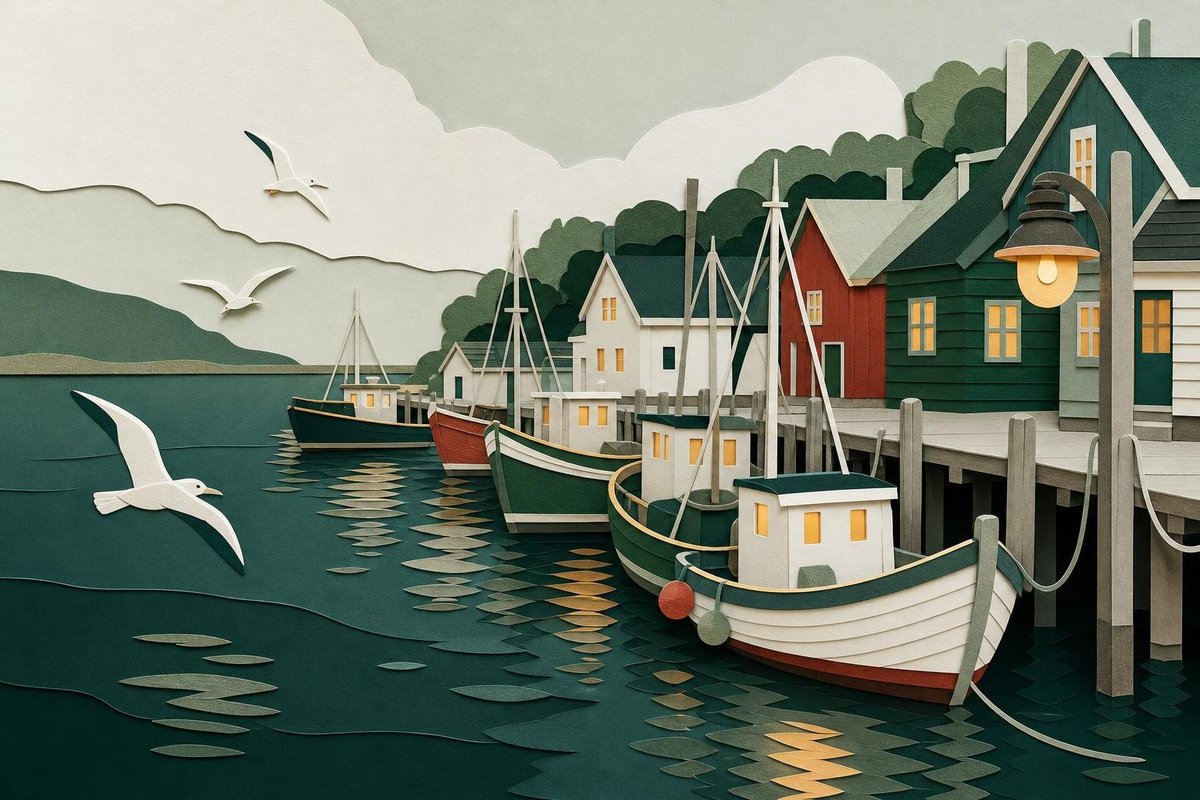 Stille dansk fiskerihavn om morgenen med farverige træbåde fortøjet ved molen