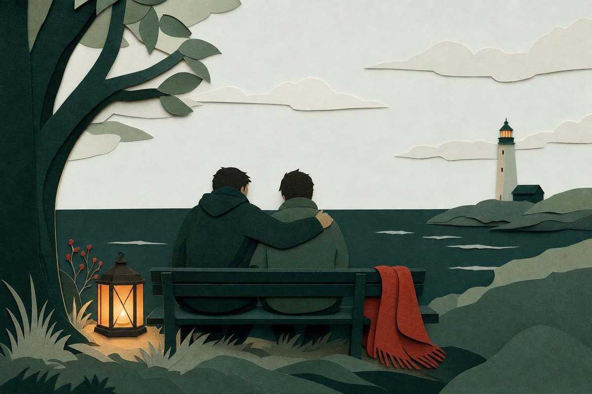 To personer på en bænk ved havet, den ene med hånden på den andens skulder