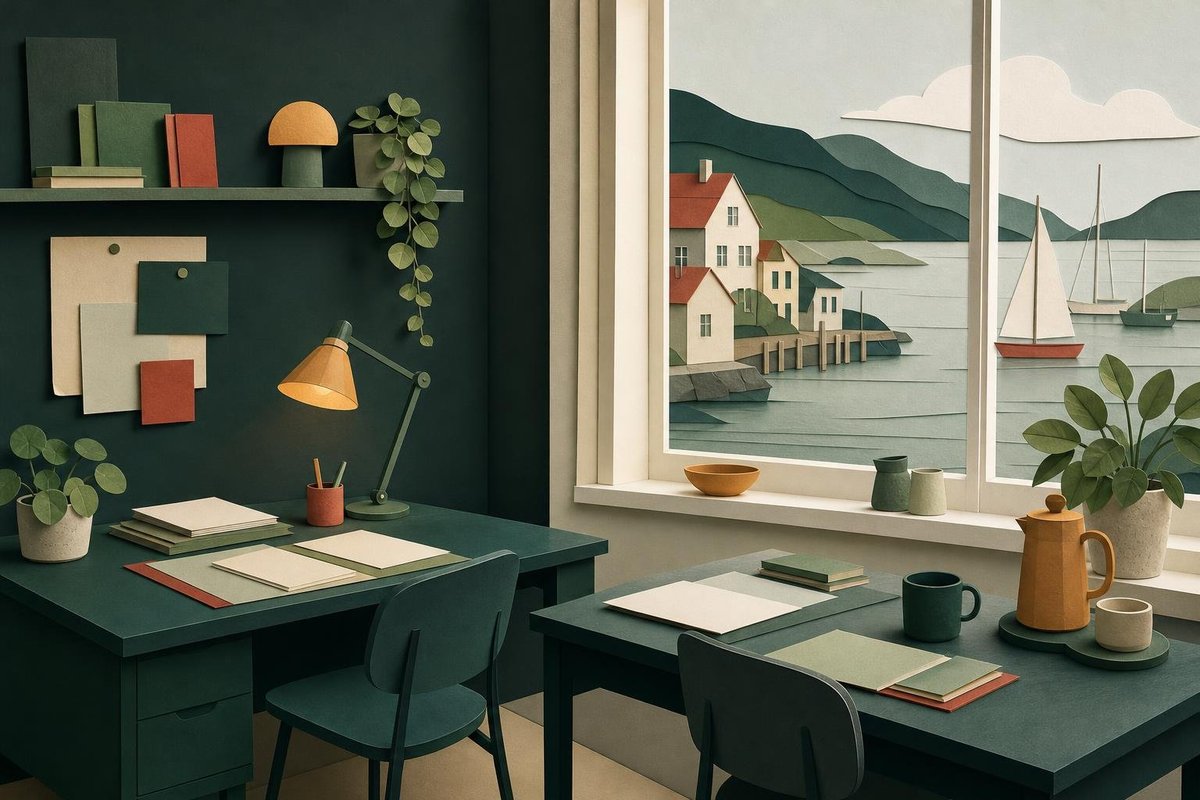 Lyst redaktionshjørne ved et stort vindue mod havnen med to skriveborde og planter