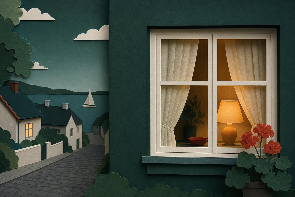 Hyggeligt vindue med halvt trukne hørgardiner og en tændt lampe indenfor