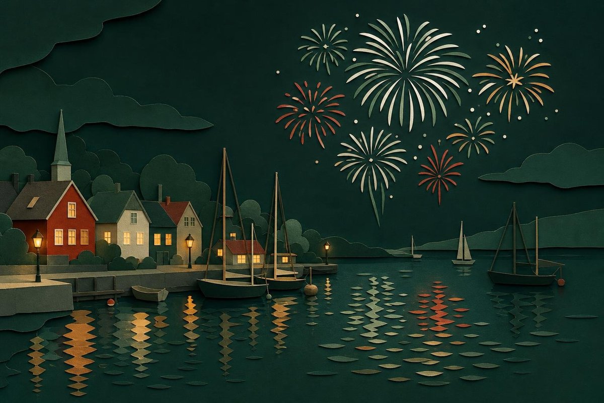 Fyrværkeri over en havn om natten, der spejler sig i vandet