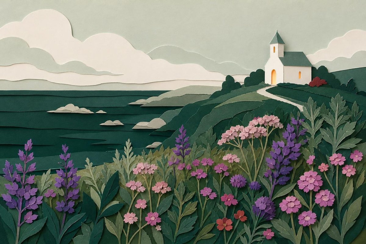 Mark med lyserøde og lilla vilde blomster ved havet og et hvidt kapel i det fjerne