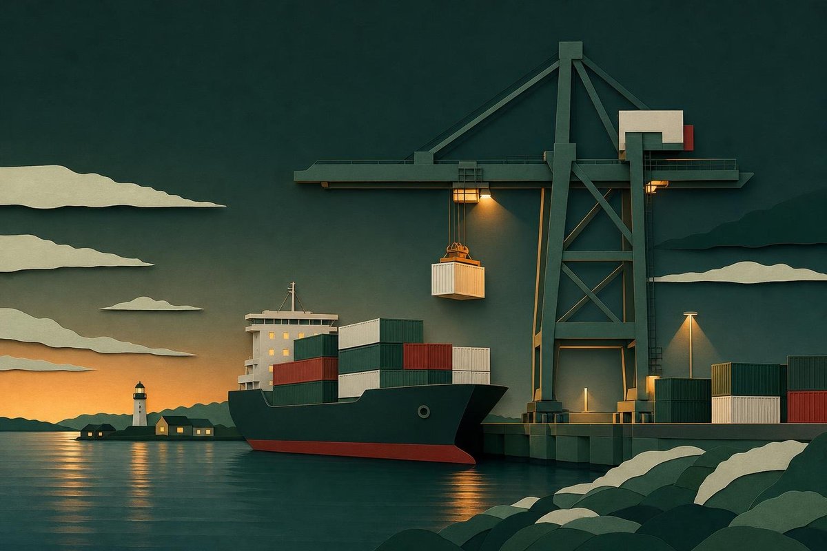 Høj havnekran, der laster et containerskib i skumringen