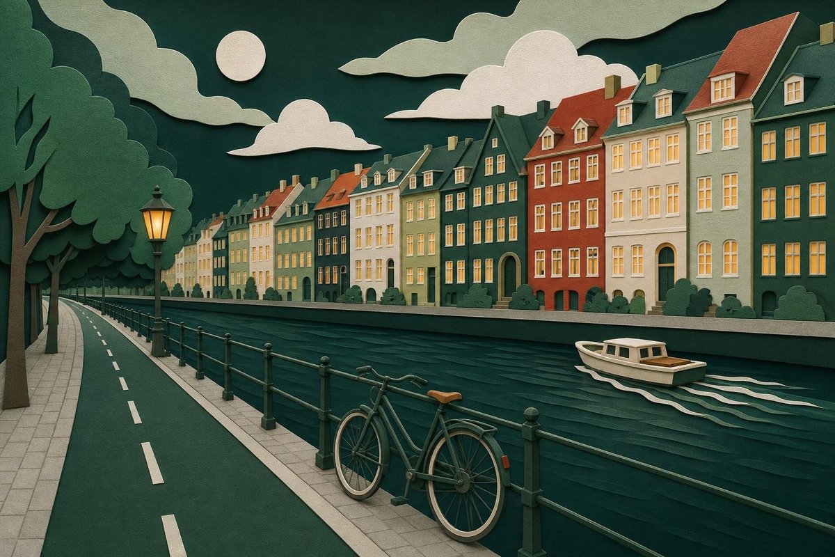 Tom cykelsti langs en københavnsk kanal med farverige huse, en parkeret cykel og en båd i fart på vandet