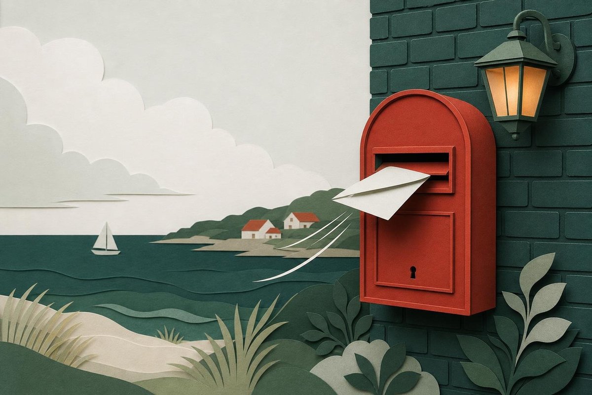 Rød dansk postkasse på en murstensvæg, hvor et brev bliver lagt i